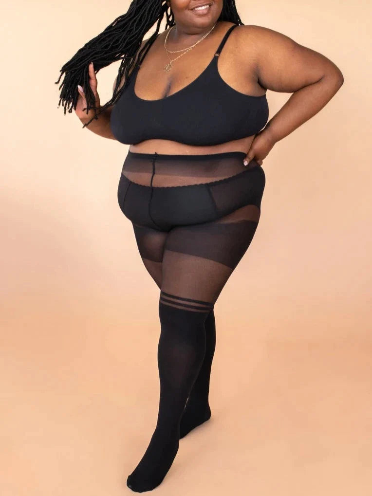 Plus size over-the-knee striped black tights