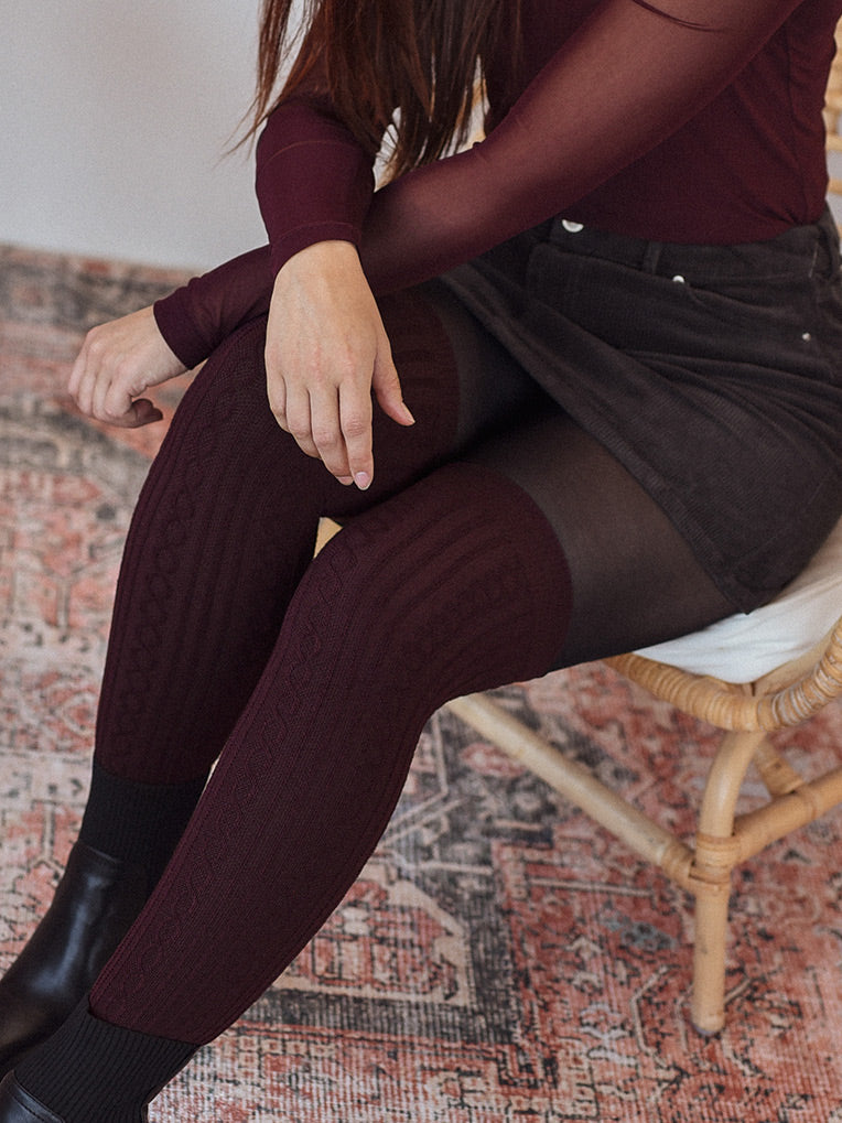 Burgundy Cable Knit OTK socks