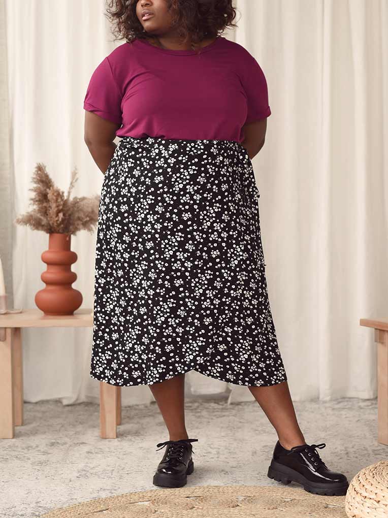 Black Floral Midi Tulip Wrap Skirt