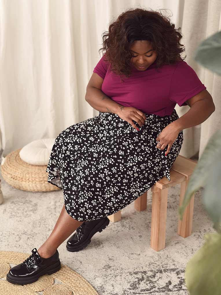 Black Floral Midi Tulip Wrap Skirt