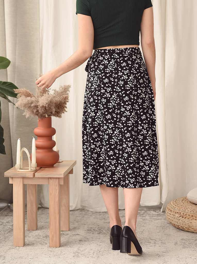 Black Floral Midi Tulip Wrap Skirt