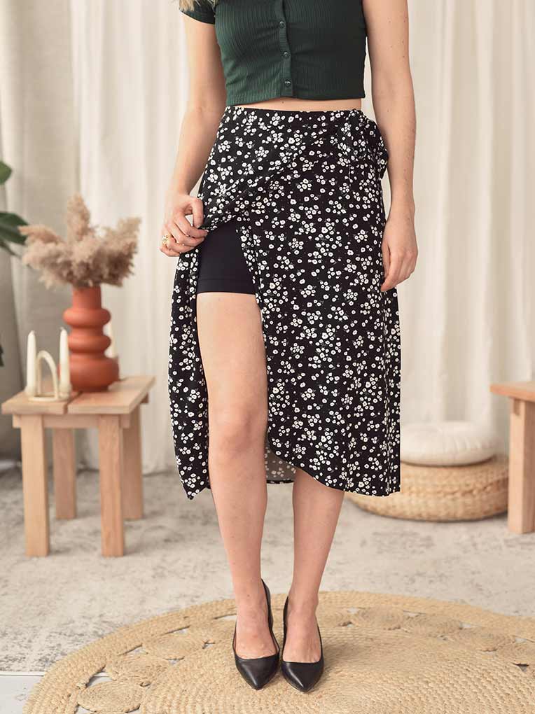 Black Floral Midi Tulip Wrap Skirt