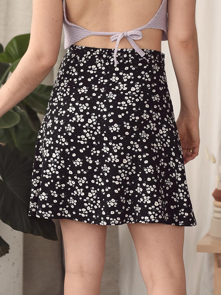 Black Floral Mini Wrap Skirt
