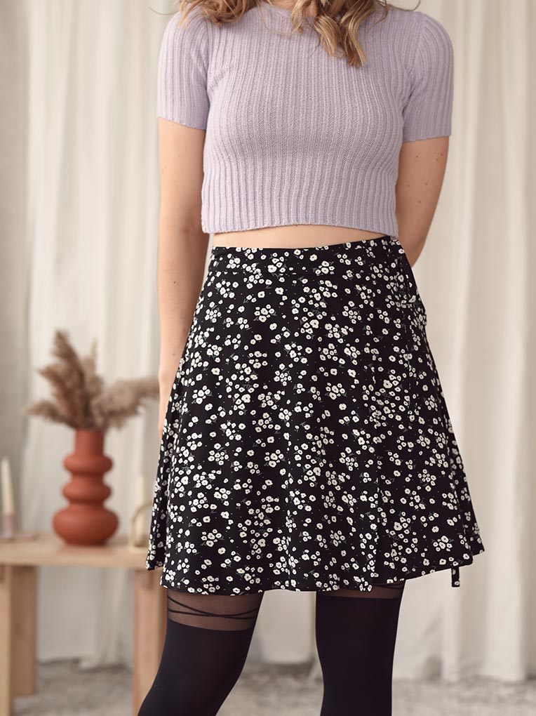 Black Floral Mini Wrap Skirt