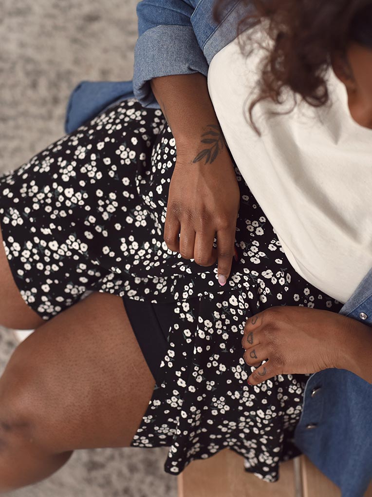 Black Floral Mini Wrap Skirt