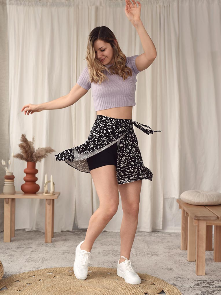 Black Floral Mini Wrap Skirt