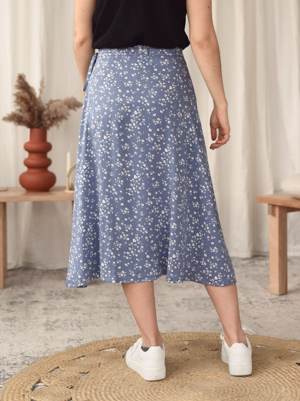 Blue Floral Midi Wrap Skirt