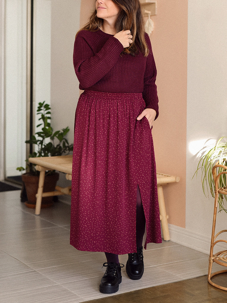 Midi Skirt Dots & Leaves Burgundy