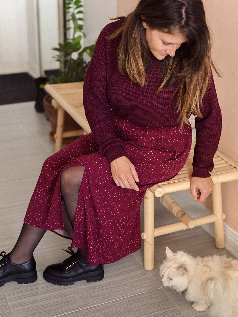 jupe midi bordeaux avec poches