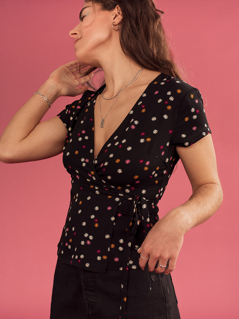 Krista Black Daisies Wrap Top