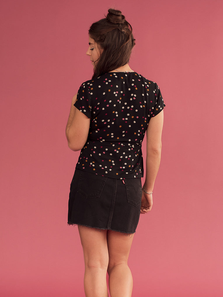 Krista Black Daisies Wrap Top
