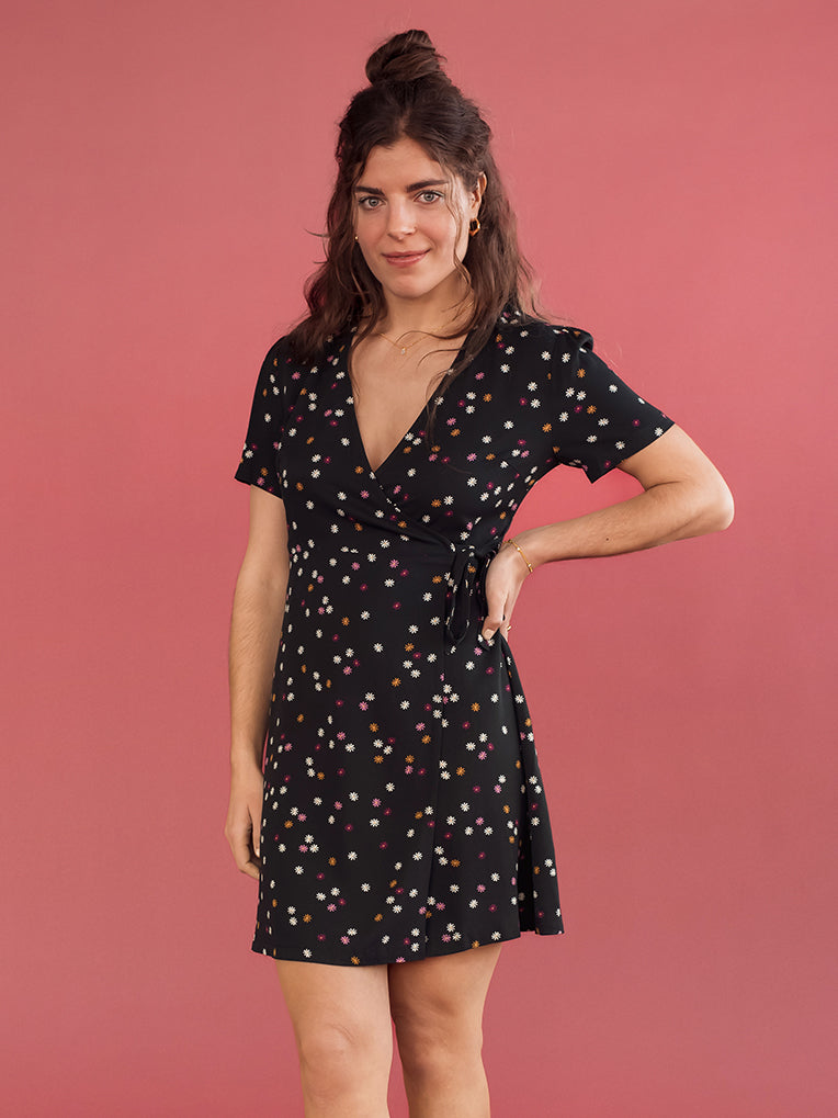 Women's Black Daisies Wrap Dress