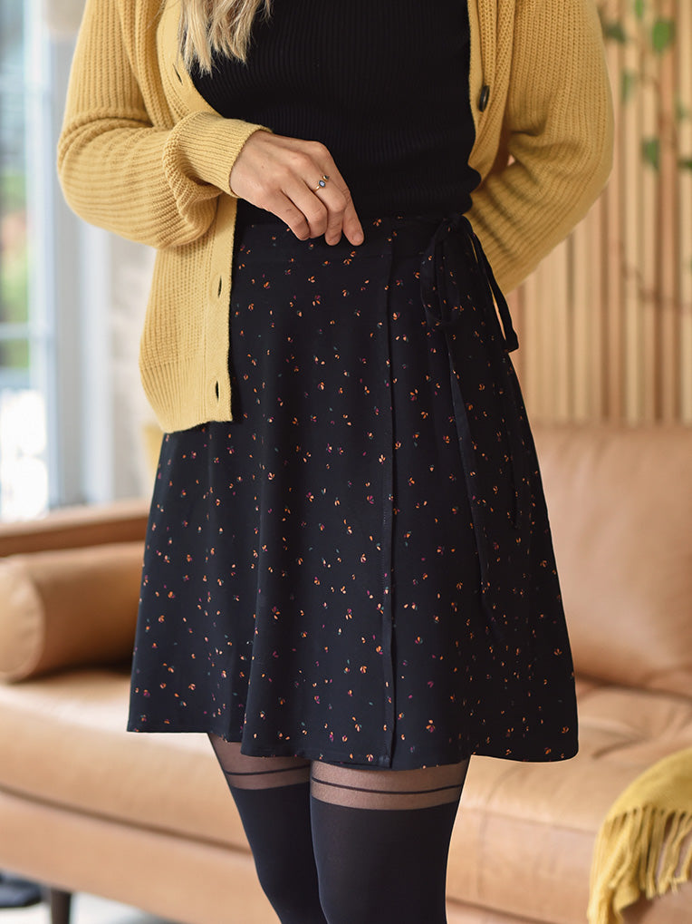 Mini Black Wrap Skirt with flowers