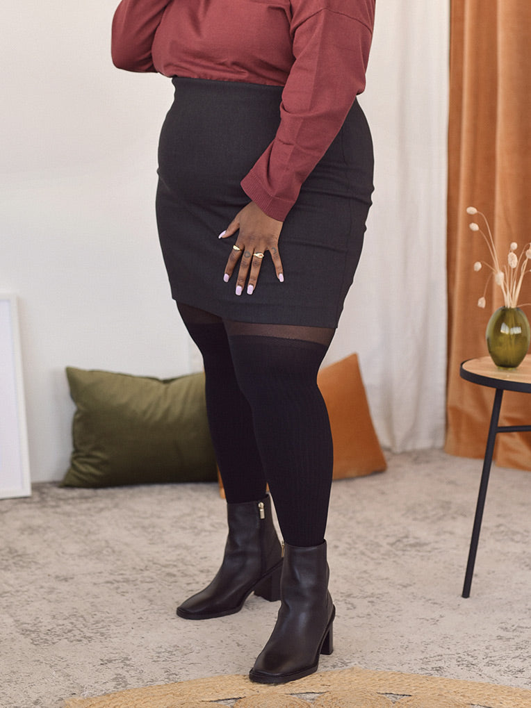 Collant taille plus noir cuissardes côtelés - Plus size Black Over-the-knee Ribbed Hosiery
