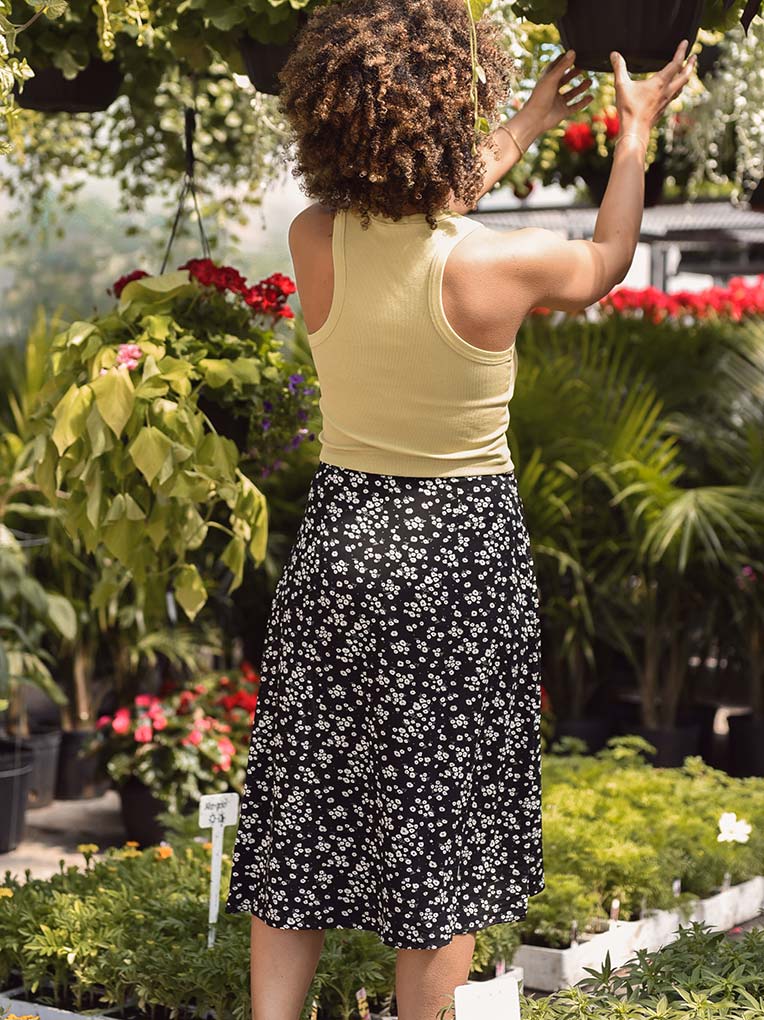 Black Floral Midi Tulip Wrap Skirt