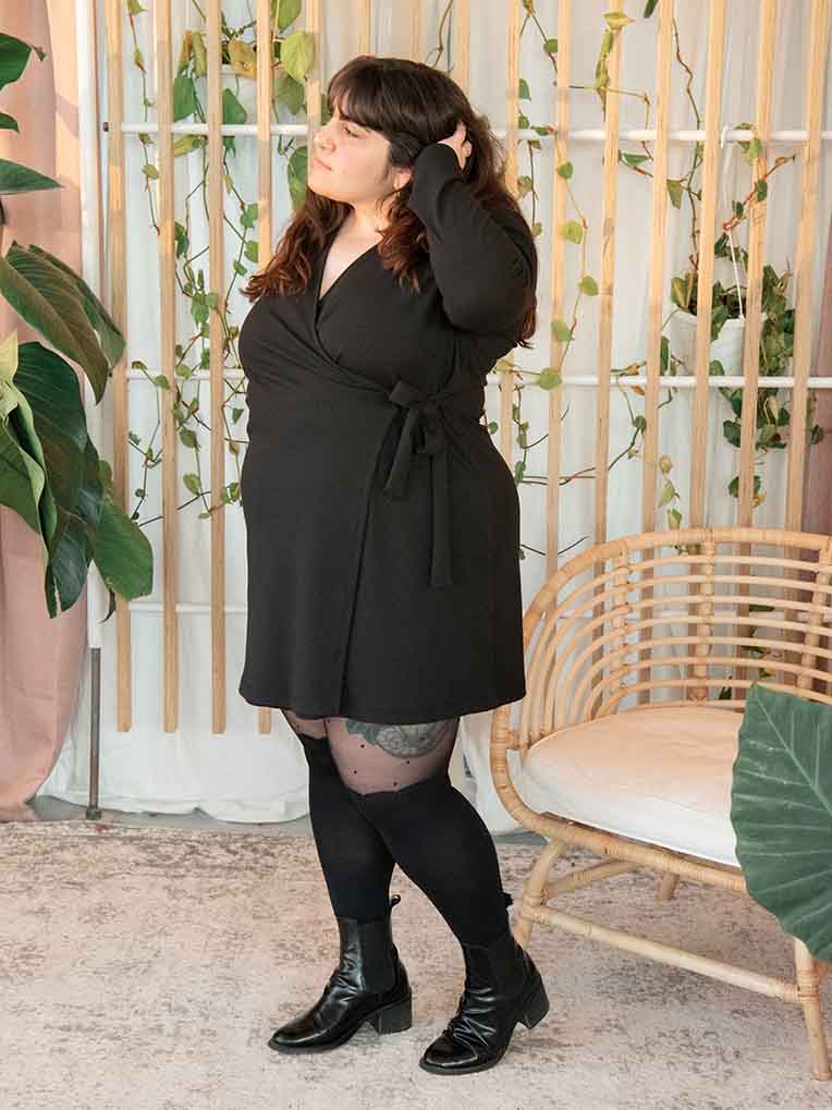 Women's black knit wrap dress